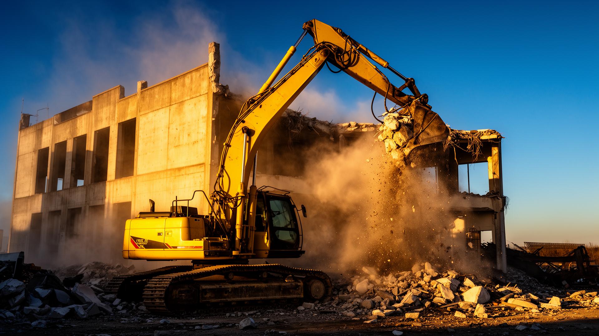 Escavadeira demolindo edifício